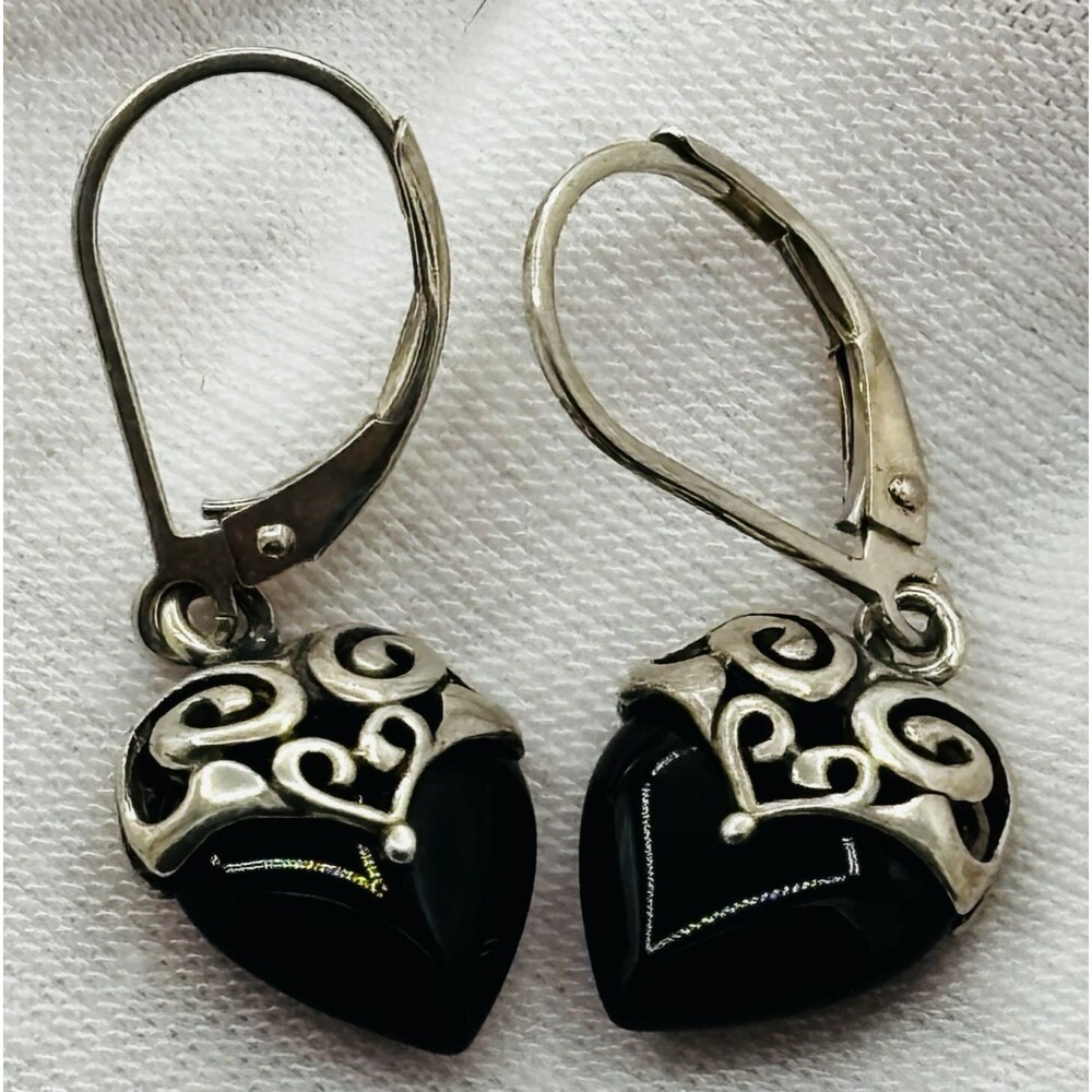 VTG Leach & Garner Earring 925 Sterling Filigree Onyx Heart Drop Dangle Signed